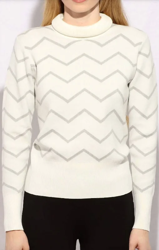 Metallic Zig Zag Turtleneck Sweater In Cream