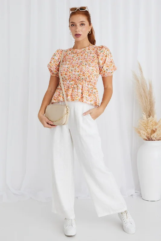 Beholden Orange Wild Floral Shirred Bodice Ss Top